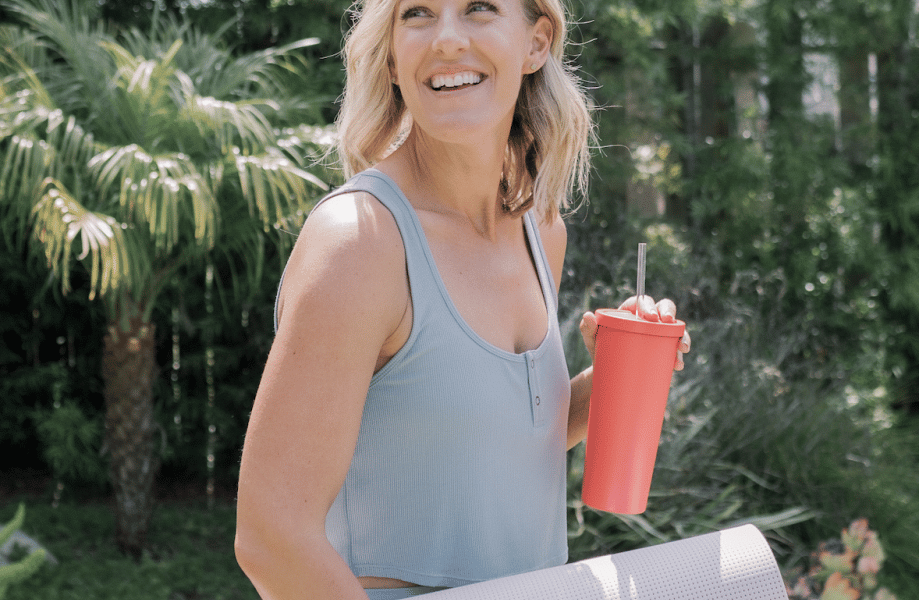 Robin Long with Pilates mat